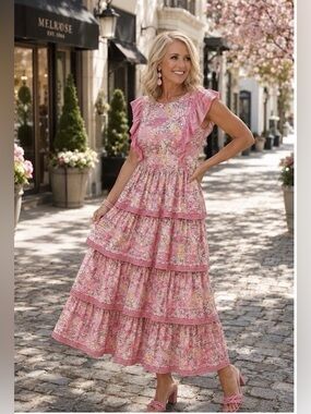 Simply Southern Hailey Tiered Dress Medium Quilted Patchwork Pink Floral Ruffle
